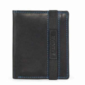 CARTERA JAGUAR CON ELÁSTICO, DETALLES AZULES Y TARJETERO PIEL