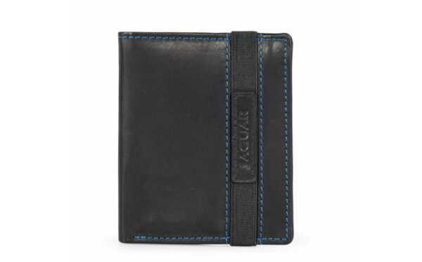CARTERA JAGUAR CON ELÁSTICO, DETALLES AZULES Y TARJETERO PIEL