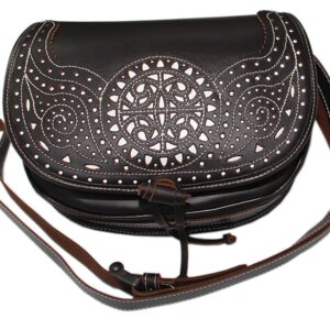 Funrey Bolso de piel de Ubrique marrón chocolate con detalles blanco