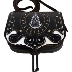 Bolso de piel con motivos de la virgen Rocío, convertible riñonera.