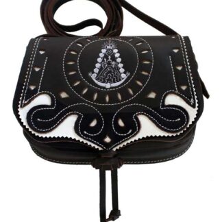Bolso de piel con motivos de la virgen Rocío, convertible riñonera - 18x14x6cm - Marrón chocolate